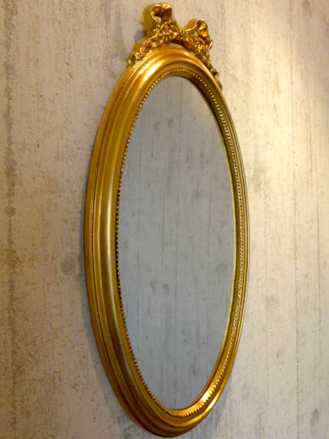 リボン付きゴールド楕円形ミラー　ロマネ　(中古)